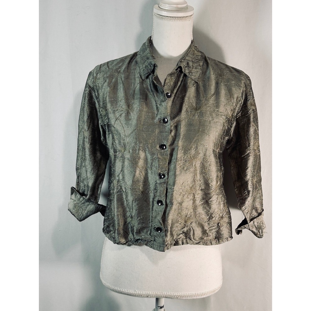 Chicos Design Metallic Olive Green Embroidered Button Down Shirt Blouse Jacket S